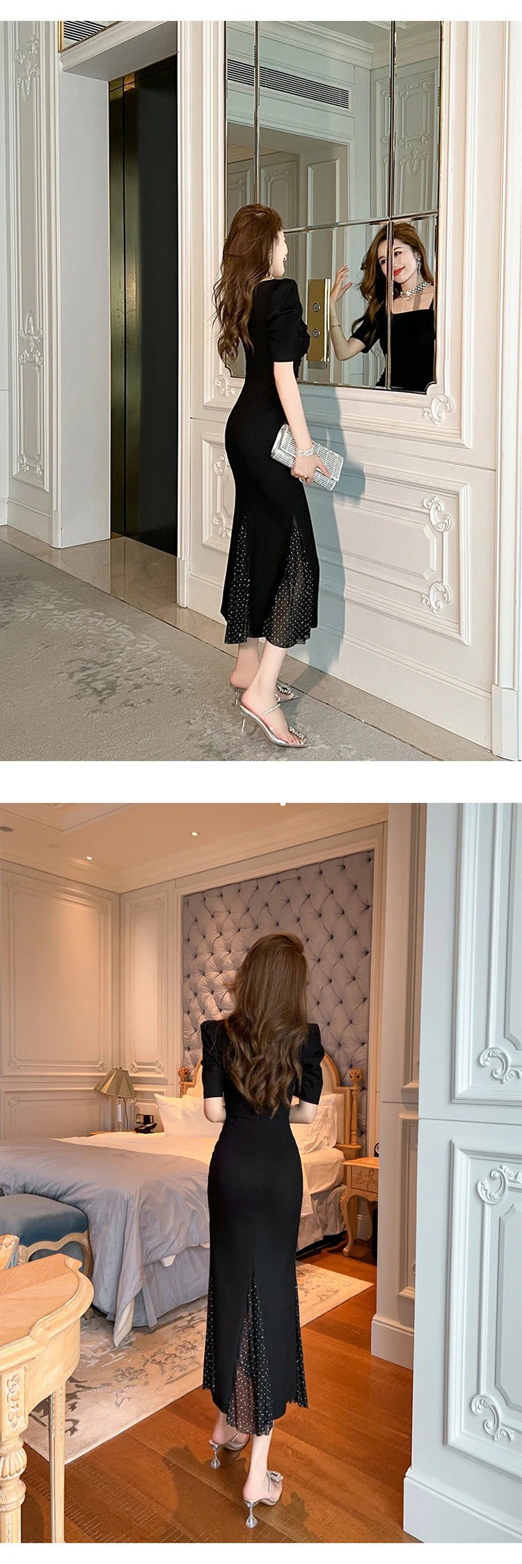 Women‘s Fashion French Retro Maxi Dress Woman Elegant Black Skinny Fishtail Robe Evening Party Vestidos Prom Banquet Gown Female