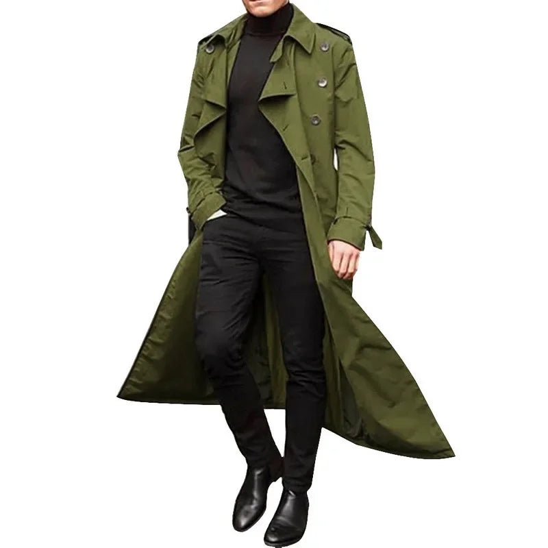 Men's Long Trench Coat Clothing Long Sleeve Loose Autumn Winter Solid Color Button Fashion Coats Trench