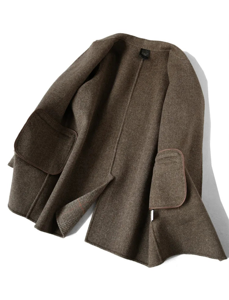 Handmade Sewn Double-sided Woolen Blazer Women Spring Autumn Plaid Wool Overcoat Office Lady Casual Suit Coat Thick Jacket