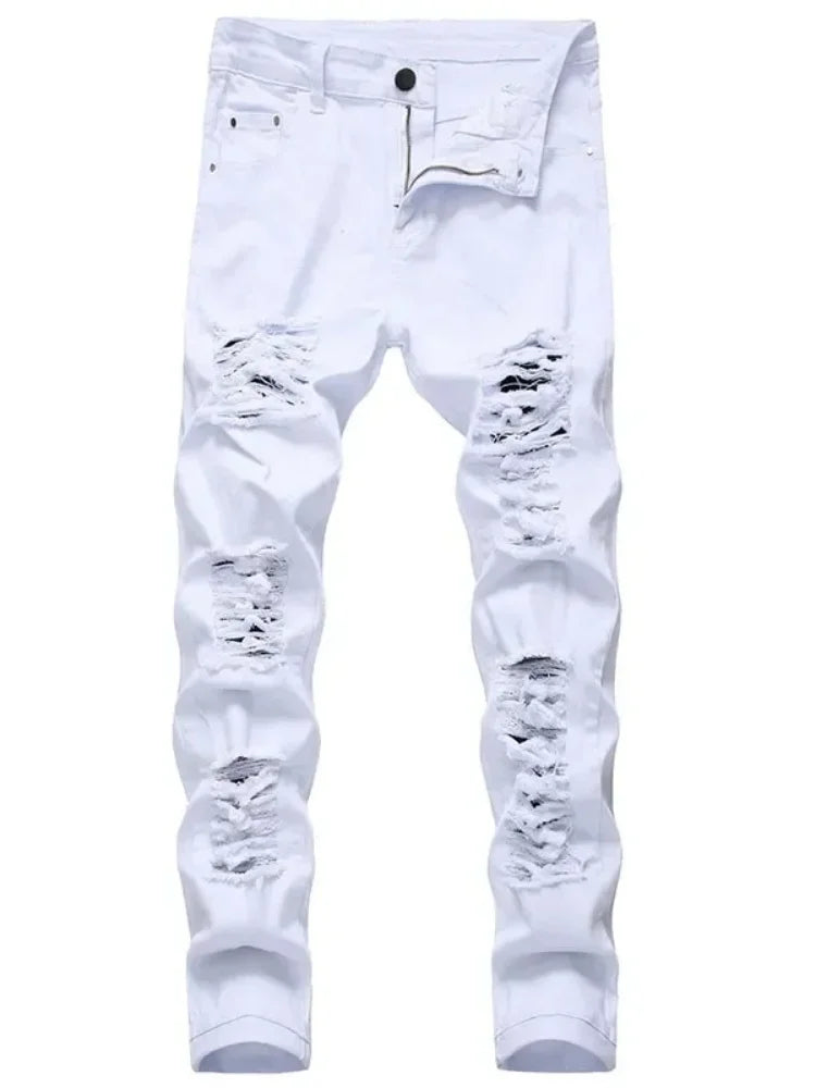 Mens Stretchy Ripped Skinny Embroidered Jeans Men's White Pants Destroyed Hole Slim Fit Denim High Quality Hip Hop Men trousers