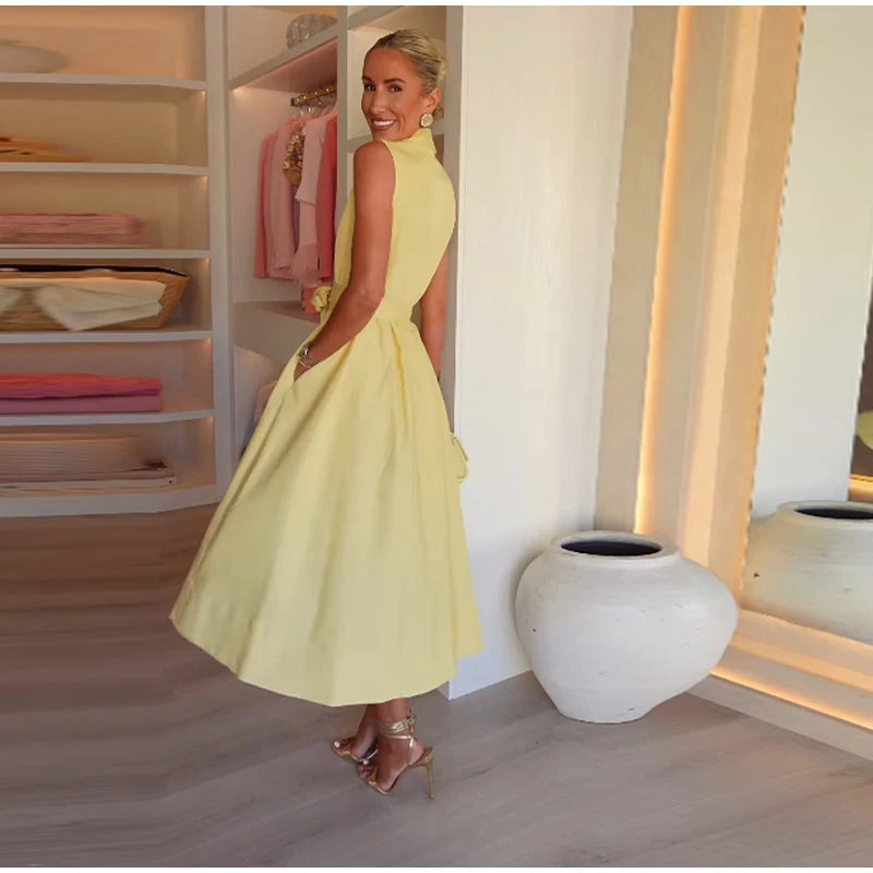 Elegant Single Breasted Khaki Long Dress Women Lapel Short Sleeve Pleat Slim Waist A-line Dresses 2025 Summer Autumn Lady Robes