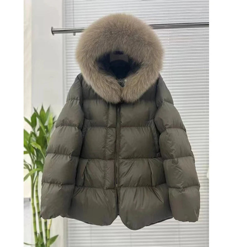 Schinteon Women 100% Real Fox Fur Collar White Duck Down Jacket with Hood Autumn Winter Warm Casual A-lined Warm Outwear Cape