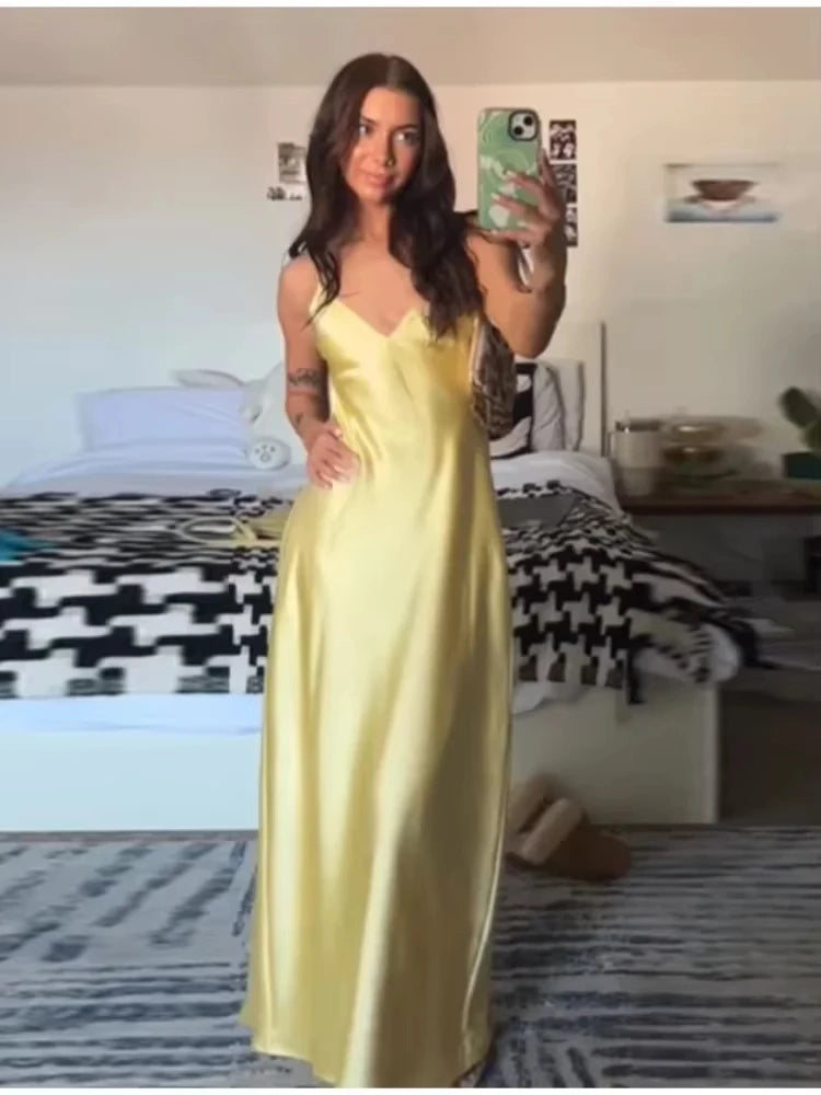 HH Women Summer Yellow Stain V Neck Sling Dress Elegant Sleeveless Loose Maxi Robes 2025 New Ladies Party Holiday Dresses