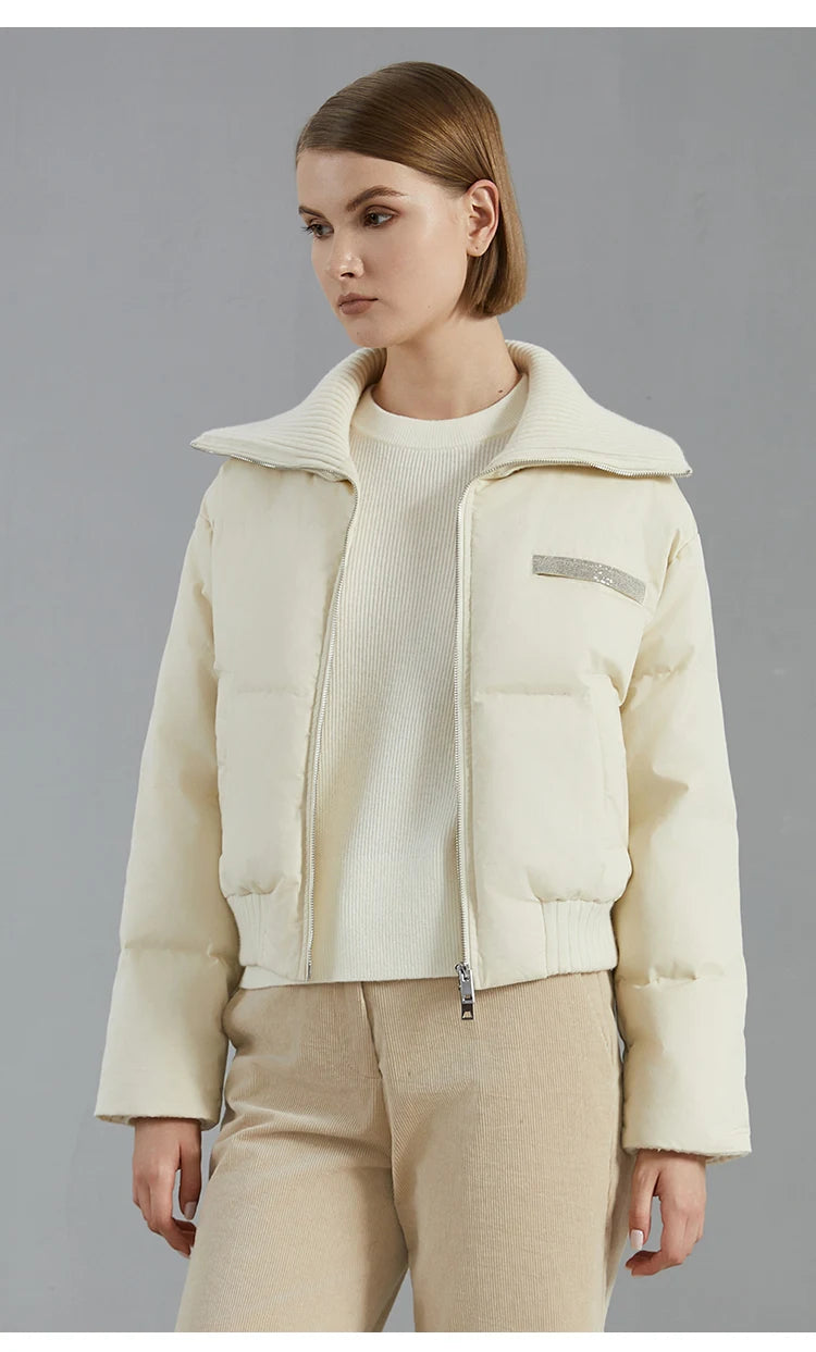 BC835 White goose down with large lapel warm zipper long-sleeved down jacket 100 cashmere warm coat