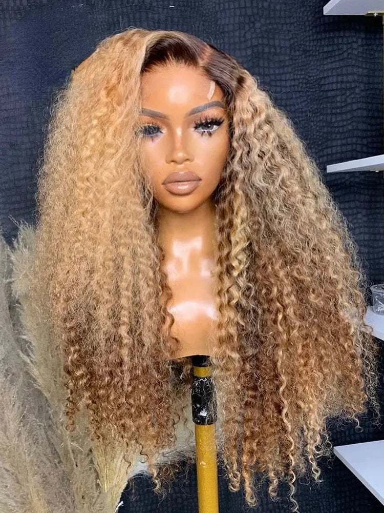 Ombre Brown Color Soft 26“Long Kinky Curly 180Density Lace Front Wig Synthetic For Women High Temperature Glueless Daily