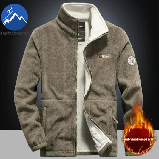 Winter Warm Fleece Jacket Men Climbing Double Thickened Pocket Jacket Outdoor High Collar Windproof Ski Sweatshirt Coat Man Snow