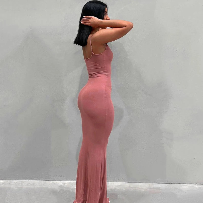 Women Backless Sexy Maxi Dress 2025 Spring Satin Slip Sleeveless Slim Party Concise Платье Female Bodycon Dress Elegant Clothing