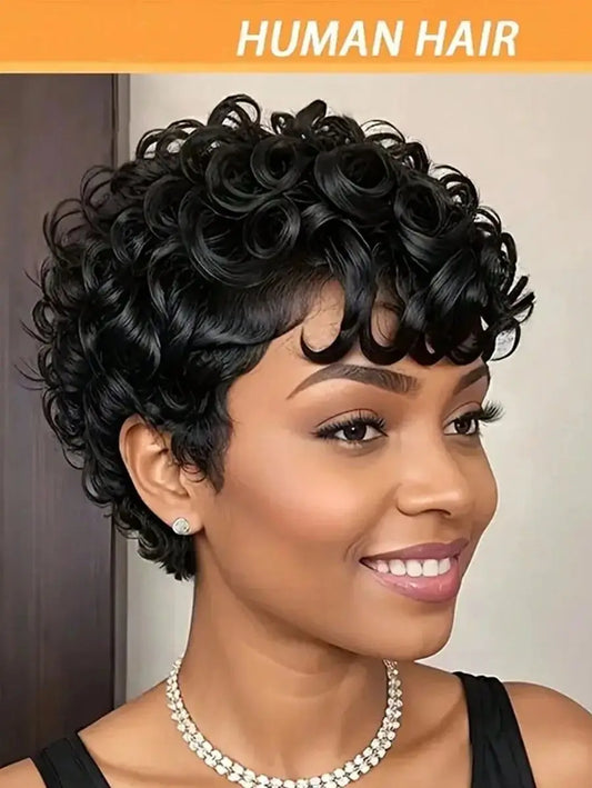 Pixie Cut Wigs 100% Human Hair Wigs Short Curly Pixie Cut Wigs Full Machine Made Wig Pixie Curly Black 1B Color For Black Women