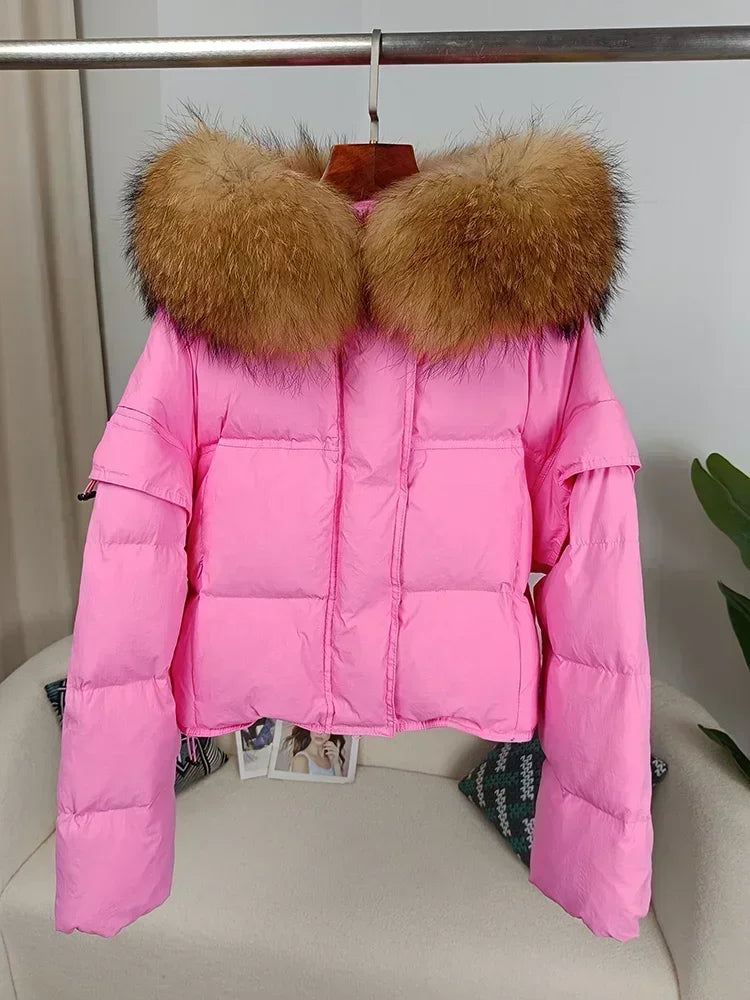 Outerwear Autumn Winter Women Hooded Fashionable Streetwear Detachable Sleeve Real Raccoon Fur Collar Jacket Duck Down Loose