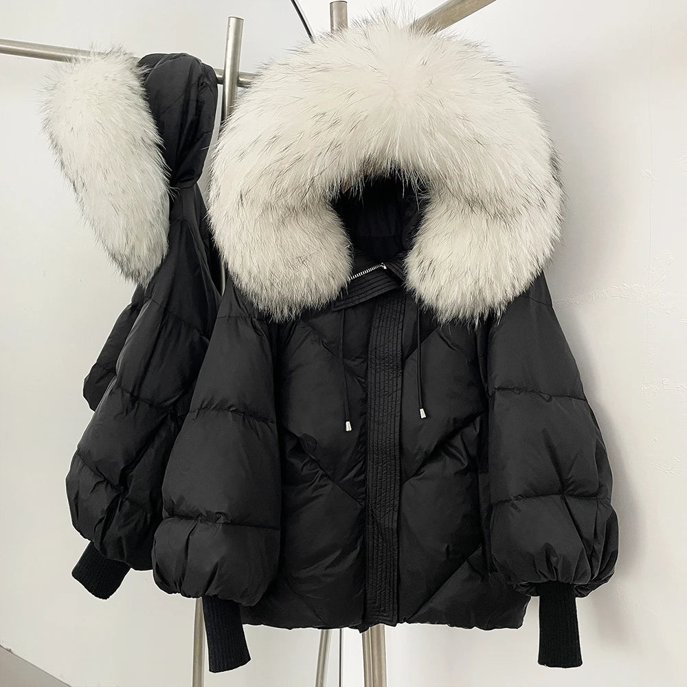 Duck Down Coat Women Winter Real Fox Fur Raccoon Fur Collar Hooded Down Jacket Detachable Thick Warm Loose Streetwear Outerwear