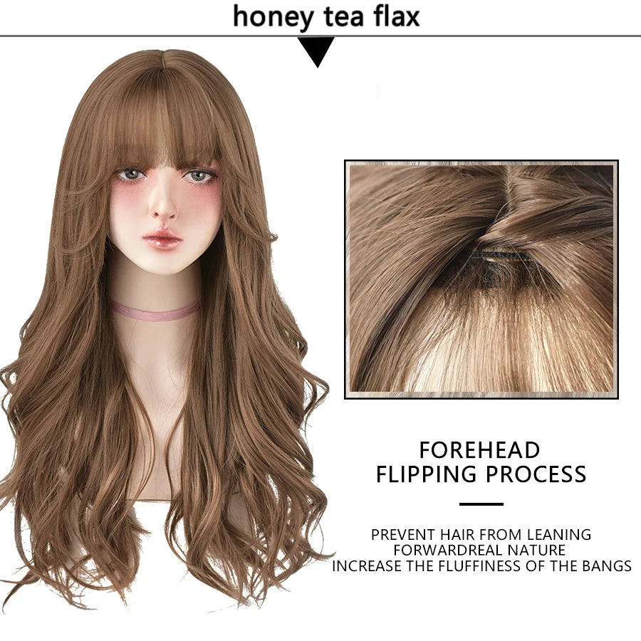 7JHH WIGS Popular Brown Ash Long Deep Wave Hair Lolita Wigs With Bangs Synthetic Wig For Women Fashion Thick Curls Wigs Girl