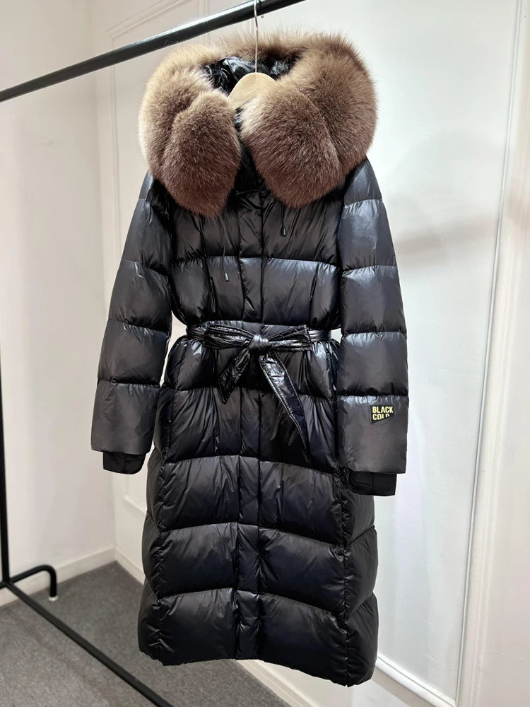 Janveny X-long Shiny Puffer Jacket Women Hooded Winter Thick Goose Down Coat Belt Large Natural Fox Fur Female Parkas Waterproof