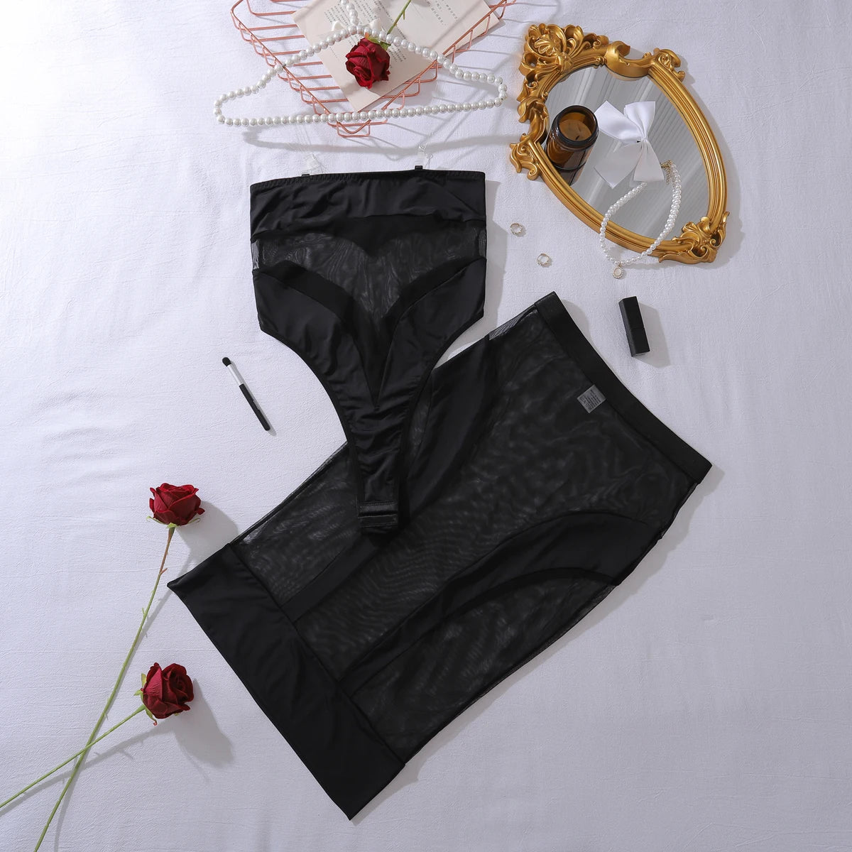 European and American 2025 new perspective slim fit patchwork mesh sexy half skirt jumpsuit two-piece set