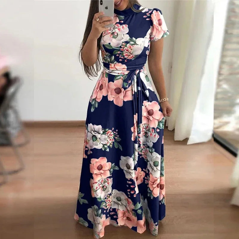 Women Summer Maxi Dress 2025 Casual Long Sleeve Boho Floral Print LOOSE Dress Turtleneck Bandage Elegant Party Dresses Vestidos