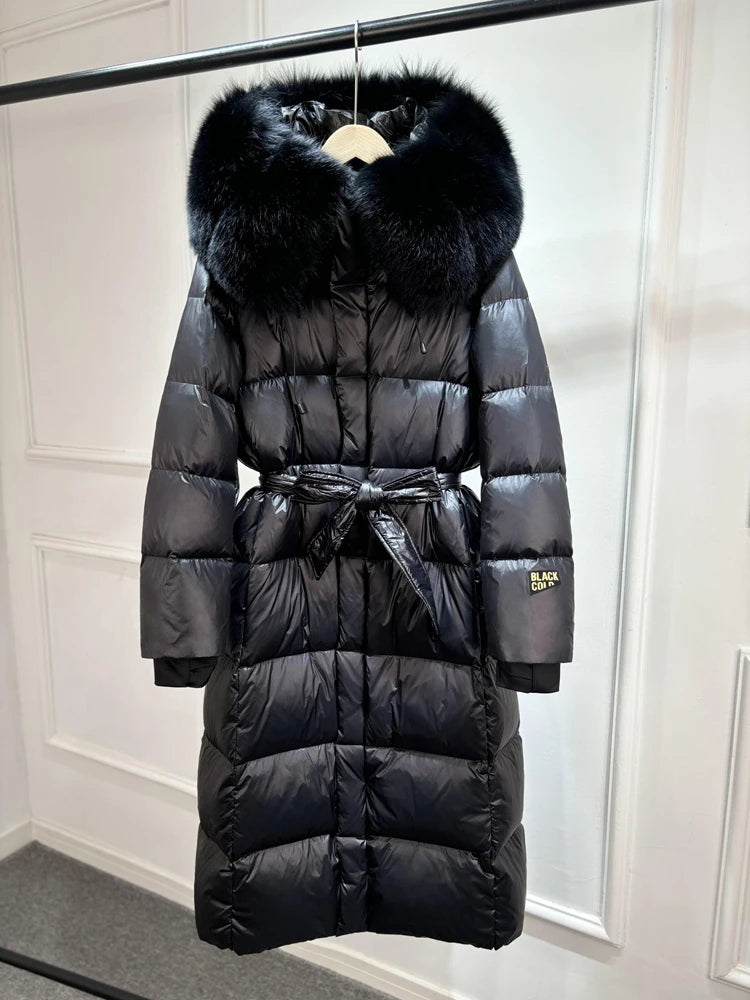 Janveny X-long Shiny Puffer Jacket Women Hooded Winter Thick Goose Down Coat Belt Large Natural Fox Fur Female Parkas Waterproof