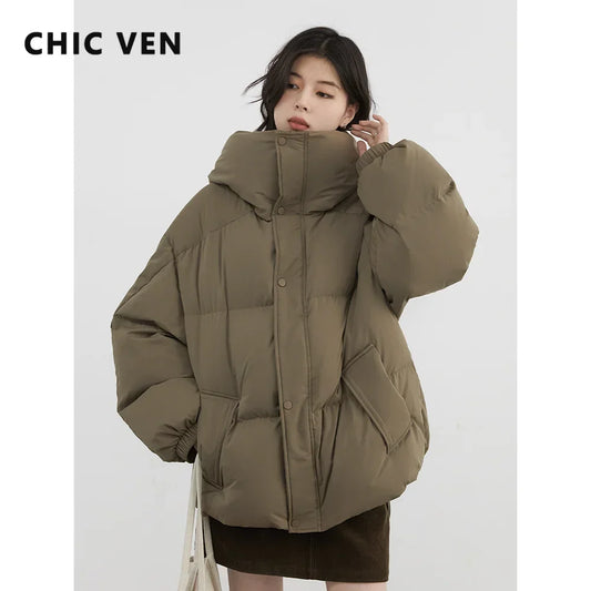 CHIC VEN Women Down Coats New Loose Hooded 90 White Duck Down Down Jacket Female Warm Bread Jacket Autumn Winter 2024