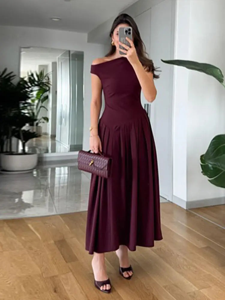 Summer Lady Patchwork Pleated Maxi Dress Chic Elegant Black Half-turtleneck Short Sleeve High Waist Dresses Office Street Robes