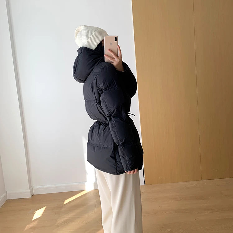 2023 New Autumn Winter Women Fashion Hooded 90% White Duck Down Coat Lady Slim Thick Warm Zipper Drawstring Lace-up Snow Jacket