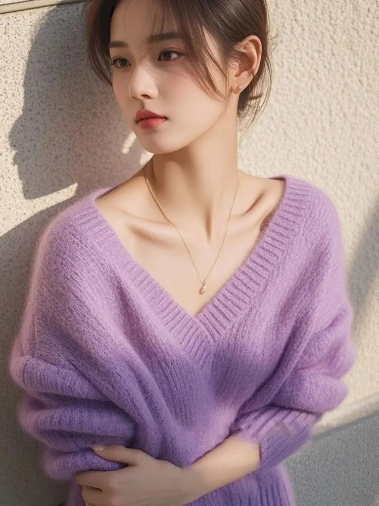 Women Clothes Spring Autumn Fashion Simplicity Elegant Solid Color V-neck Ladies Appear Thin Lazy Wind Long Sleeve Slsweater Top