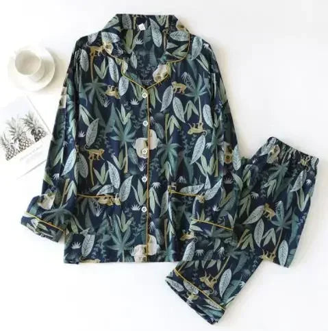 New Spring And Summer Ladies Pajamas Two-piece Viscose Long-sleeved Trousers Big Flower Cardigan Comfortable Home Service Set