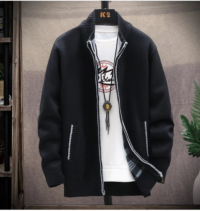 Knitted Cardigan Solid Color Sweater Men Zipper Autumn New Long-sleeved Jacket Warm Fleece Cardigans Jacket