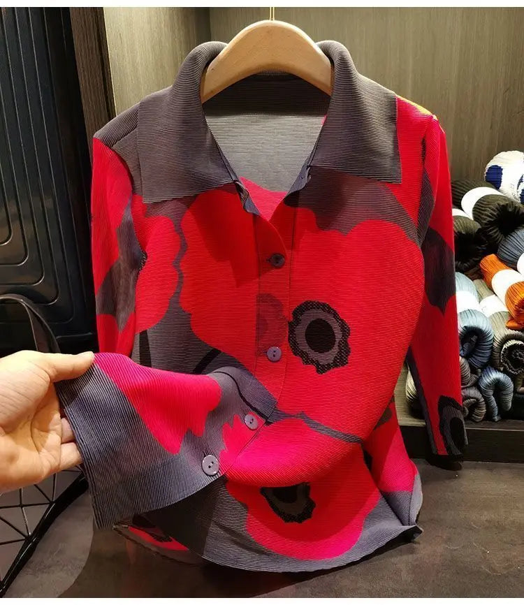 High end lapel print single breasted three bedroom top for women in spring, new loose  long sleeved pleated shirt jacket