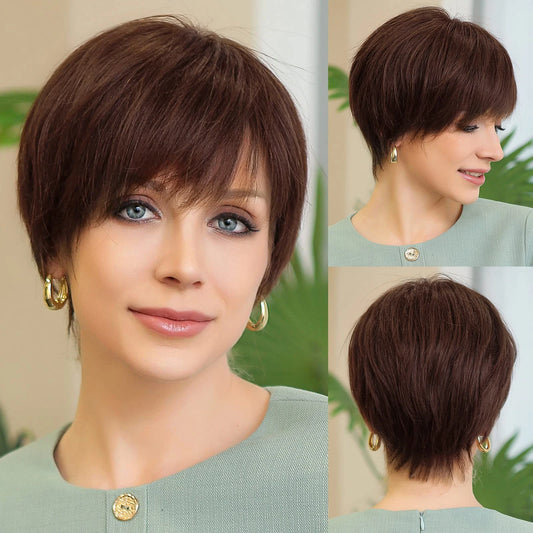 Short Brown Human Hair Wigs with Bangs HD Lace Frontal Wig Remy Human Hairs Brown Bob Pixie Cut Straight Glueless Wigs for Women