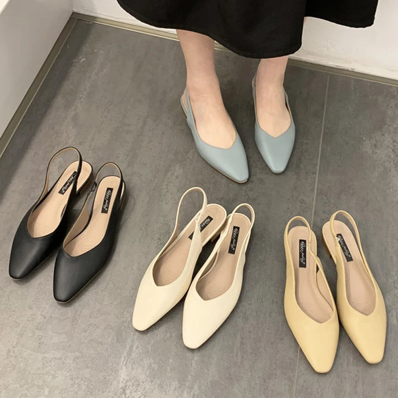 Elegant Slingback Flat Sandals Women Solid Leather Pointed Toe Shoes Summer Ladies Rear Strap Sandalias Low Heel Mary Janes 2025