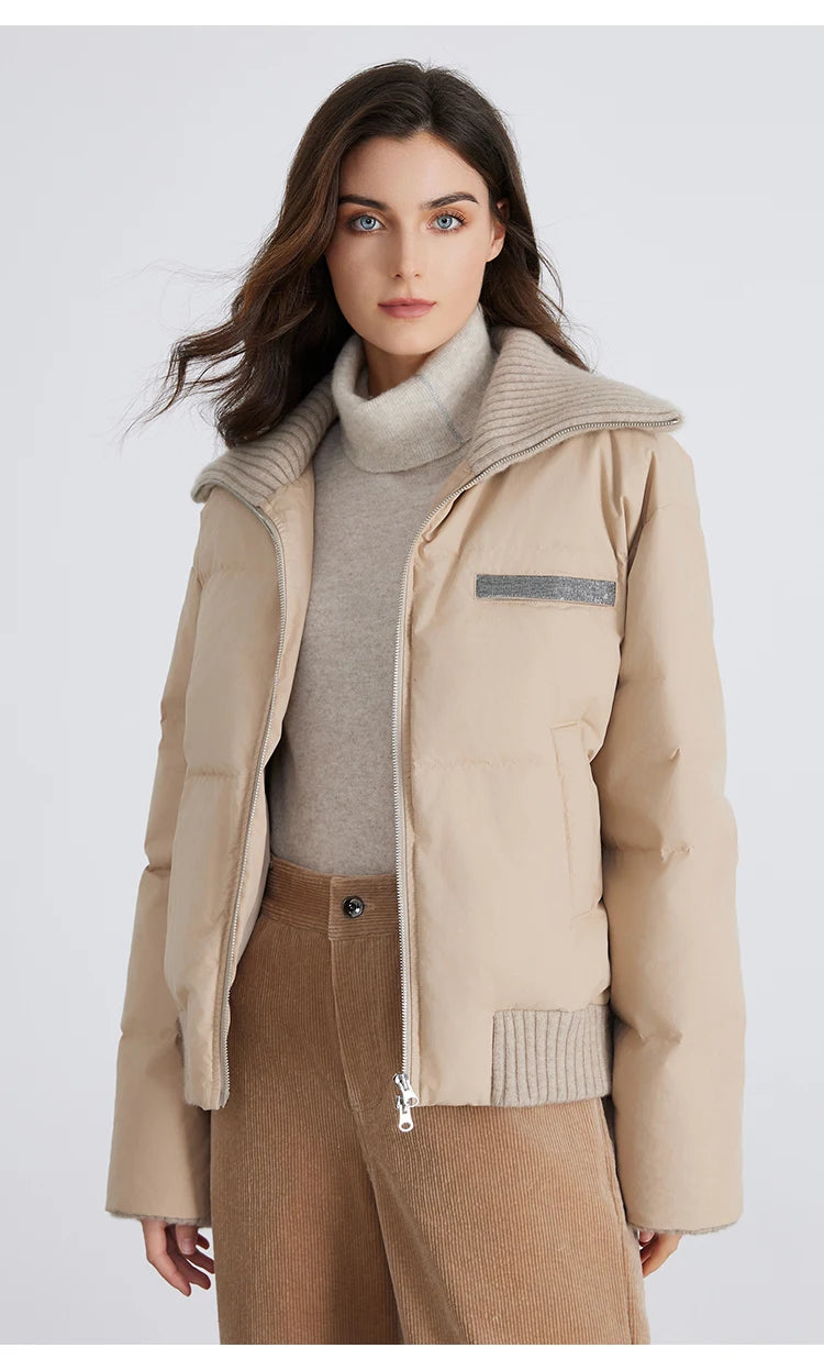 BC835 White goose down with large lapel warm zipper long-sleeved down jacket 100 cashmere warm coat