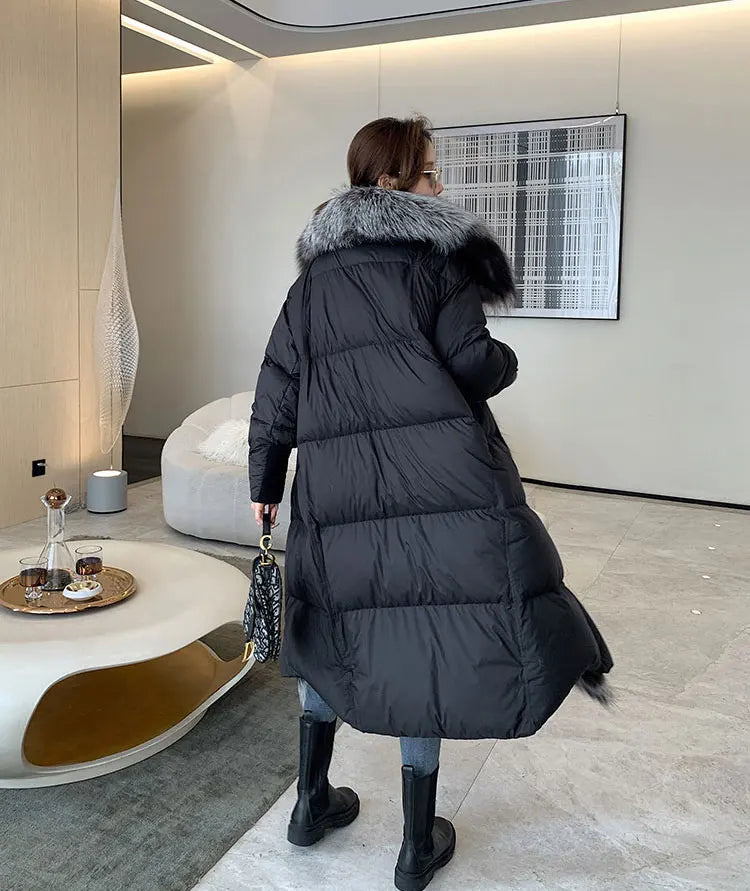 New Winter Coat Women Goose Down Jacket Long Thick Warm Oversized Real Fox Fur Collar Luxury Fashion Outerwear Streetwear