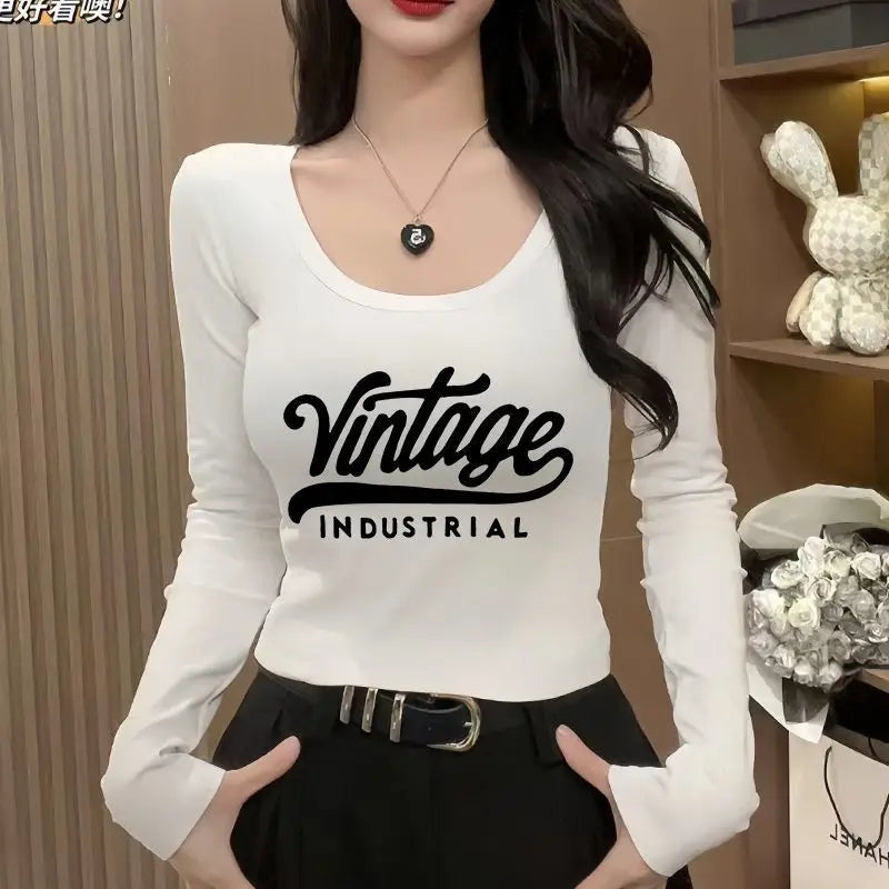 Women Clothes Spring Autumn Fashion Slim Printing Solid Color O-neck Female All-match Fashionable Letter Cotton Long Sleeve Tops
