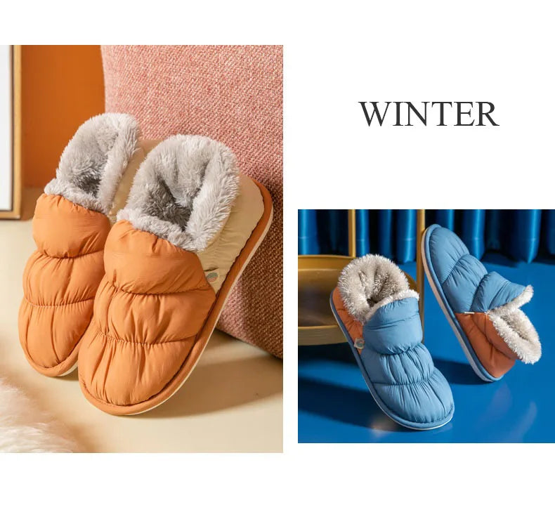 WDZKN Fashion Women Home Cotton Shoes Winter Warm Plush Slip On Slippers Waterproof Down Soft Bottom Indoor Couple Outside Shoes