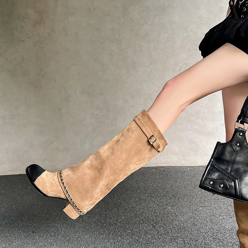 Arden Furtado 2024 Cowhide Mixed Colors Knee high boots Round toe Suede Pull-on Turned-over Edge Chunky heels Modern boots