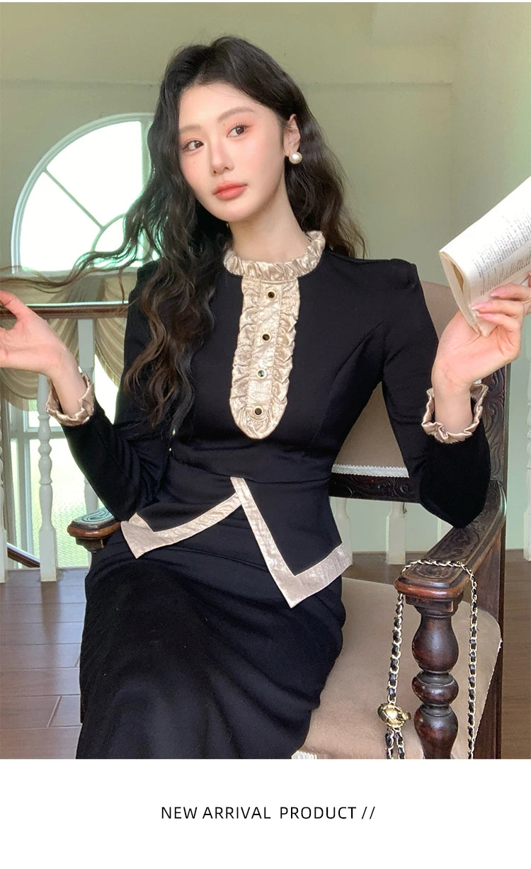 Women Clothes Black Vintage Outfits Elegant Ruffle O-Neck Tops Shirt Blouse And High Waist Midi Skirt Mujer 2 Pieces Set Formal