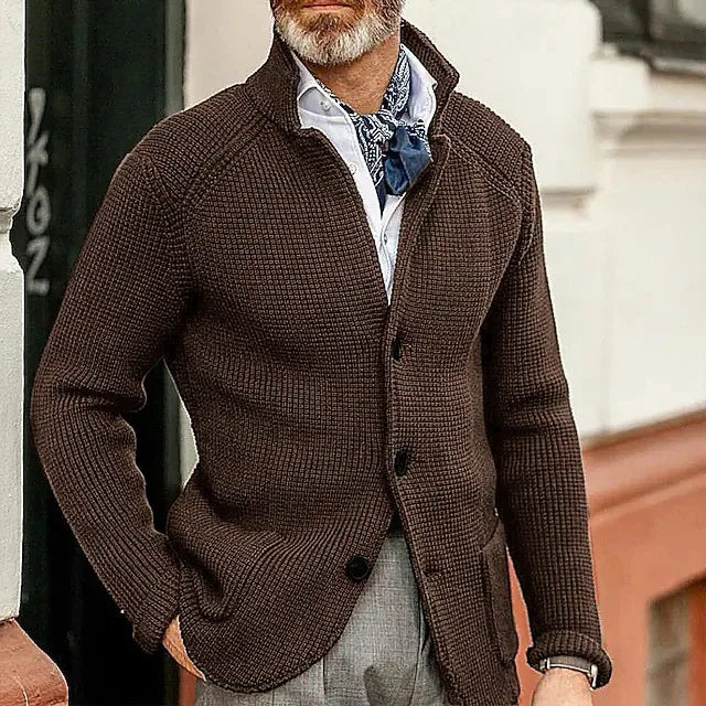 Sweaters Cardigan Men Coat Stand Collar Knitted Open Stitch Full Sleeve Splice Single Breasted Sweater Coats Autumn Winter