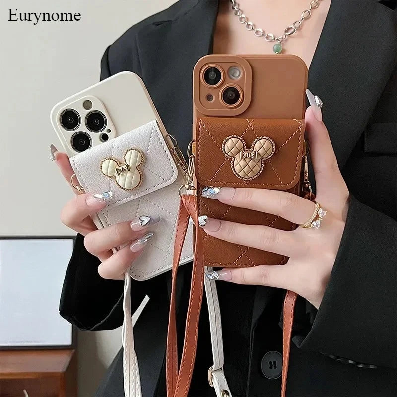 Cartoon Diamond Leather Wallet Case for Xiaomi Mi 14T 13T 12T 11T Redmi Note 14 Pro A5 14C Card Holder Crossbody Lanyard Cover
