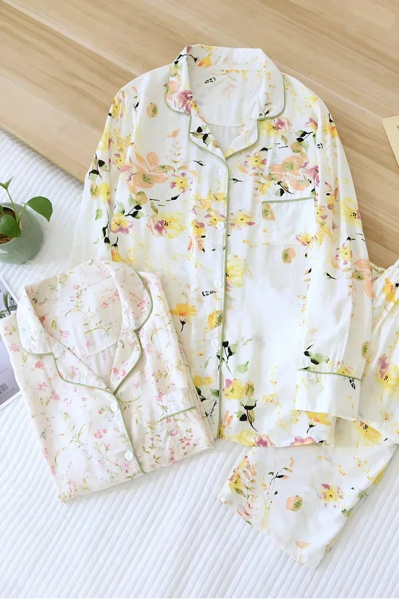 New Spring And Summer Ladies Pajamas Two-piece Viscose Long-sleeved Trousers Big Flower Cardigan Comfortable Home Service Set