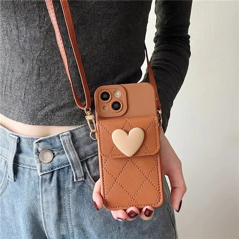 Cute Crossbody Lanyard Case For Xiaomi Redmi Note 14 Pro Plus 13 12 14C 13C Mi 14T X7 Strap Card Slots Phone 3D Love Heart Cover