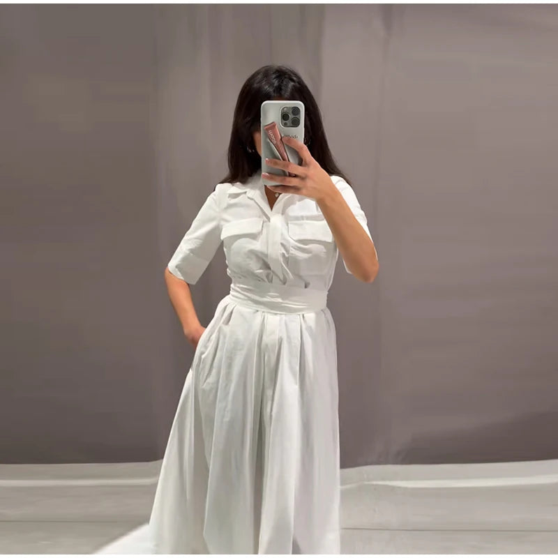Elegant Single Breasted Khaki Long Dress Women Lapel Short Sleeve Pleat Slim Waist A-line Dresses 2025 Summer Autumn Lady Robes