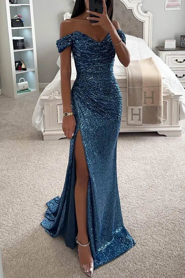 Women's Sexy Party Maxi Dress New Sequined One-line Collar Slit Dress Casual Fashion Prom Eveging Dresses For Women Robe Femme